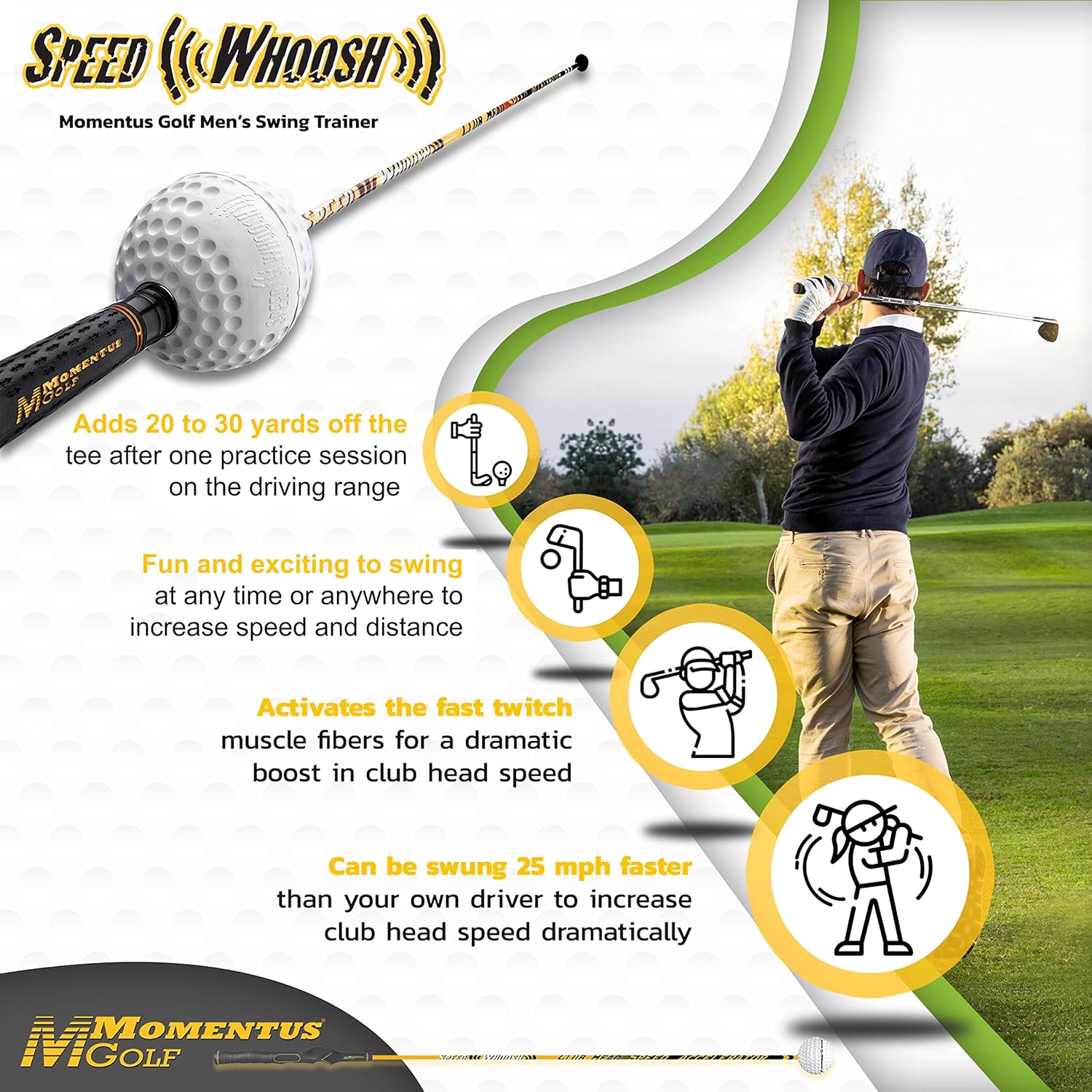 Momentus Speed Whoosh Golf Swing Trainer – Golf Swing Speed Trainer with Magnetic Sliding Timing Ball – Premium Swing Trainer Aid to Increase Golf