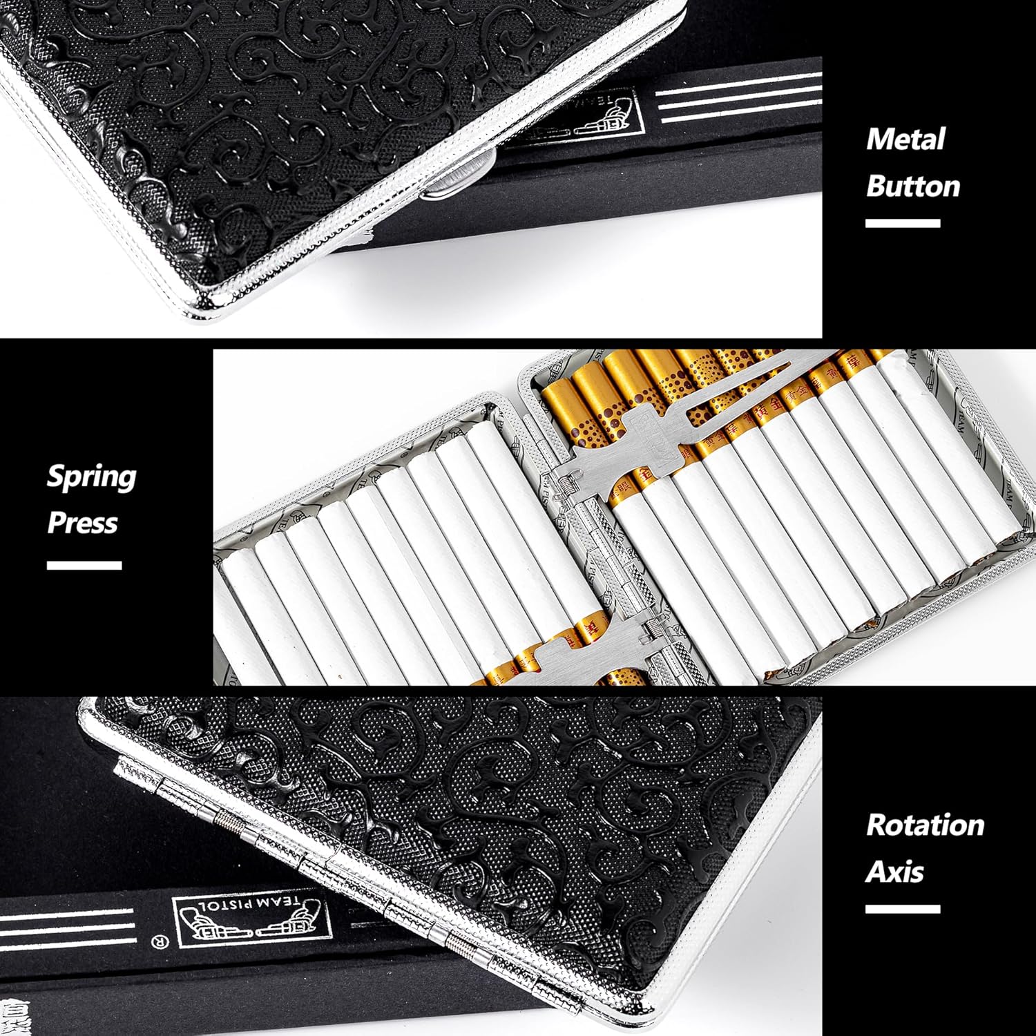 Un estuche de cigarrillos de metal moderno y ultrafino con un clip de resorte de doble cara y un patrón de hierba de espiga retro (20, tangcao negro)