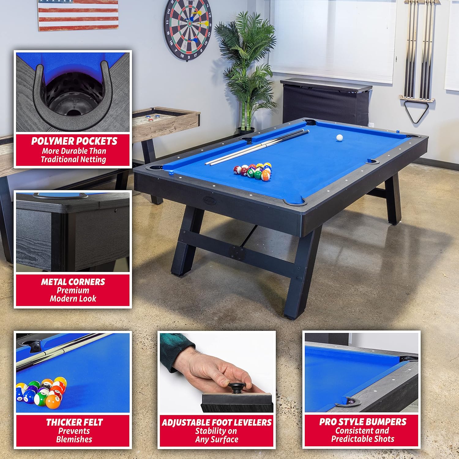 GoSports 8 ft Pool Table with Wood Finish – Modern Billiards Table with 2 Cue Sticks, Balls, Rack, Felt Brush and Chalk