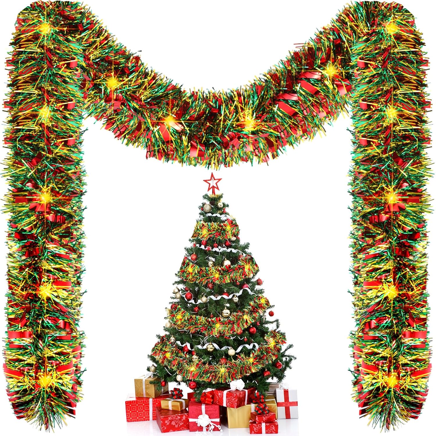 Guirnalda de oropel preiluminada de Navidad de 98.4 pies con tira de luces LED, guirnalda de Navidad para colgar guirnalda de Navidad para árbol de