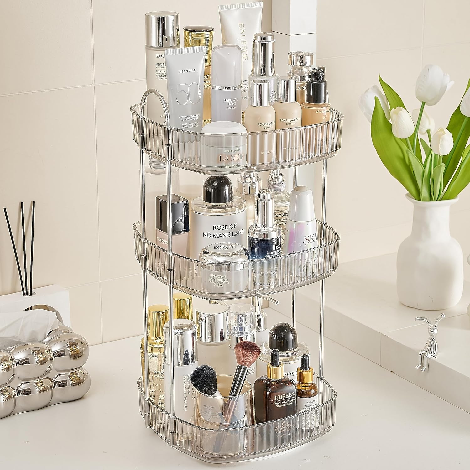 CICUFY Organizador de maquillaje giratorio cuadrado Organizador de contador de baño para cosméticos de cuidado de la piel de perfume – gris 3 niveles