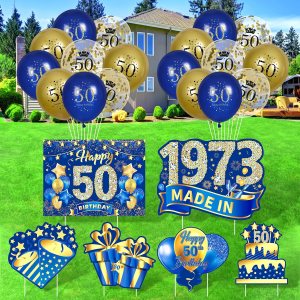 Decoraciones azules de cumpleaños 50 para hombres y mujeres, 6 piezas azul marino y dorado con estacas y 18 globos de 50 cumpleaños 1973 para fiesta Decoraciones azules de cumpleaños 50 para hombres y mujeres, 6 piezas azul marino y dorado con estacas y 18 globos de 50 cumpleaños 1973 para fiesta