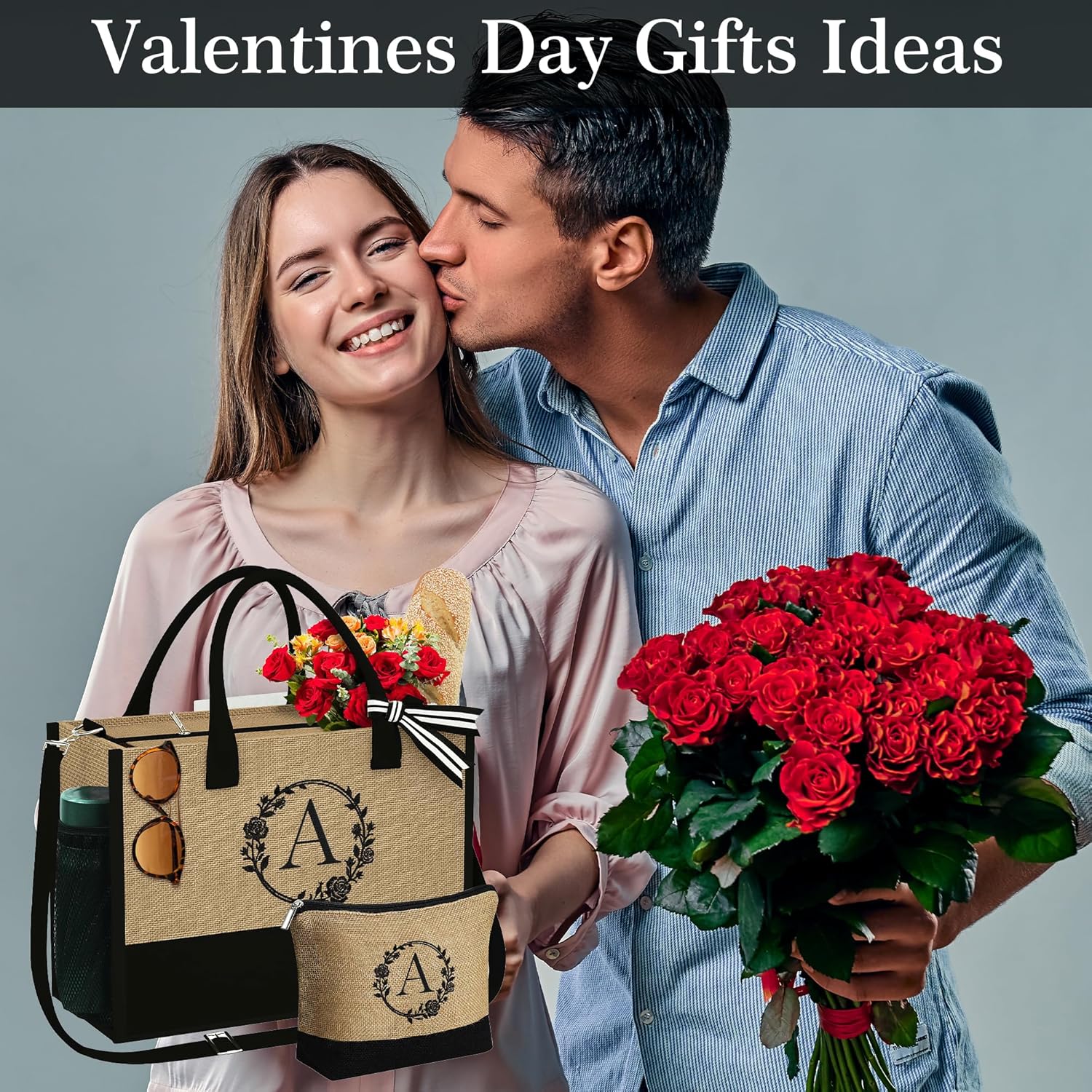 Bolsa de yute con inicial, bolsa de maquillaje con cremallera y correa ajustable, regalos personalizados para mujeres y cumpleaños