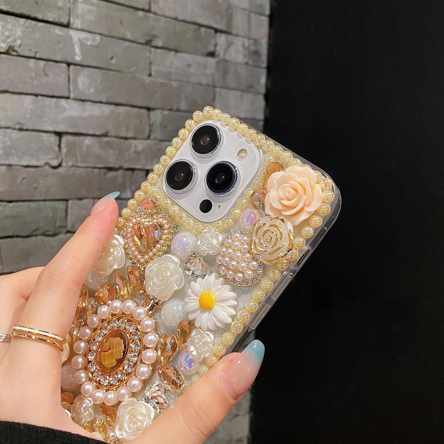 iFiLOVE Funda con diamantes de imitación y correa de flores, 3D de lujo, con diamantes de imitación y diamantes de imitación y rosas de amor, para