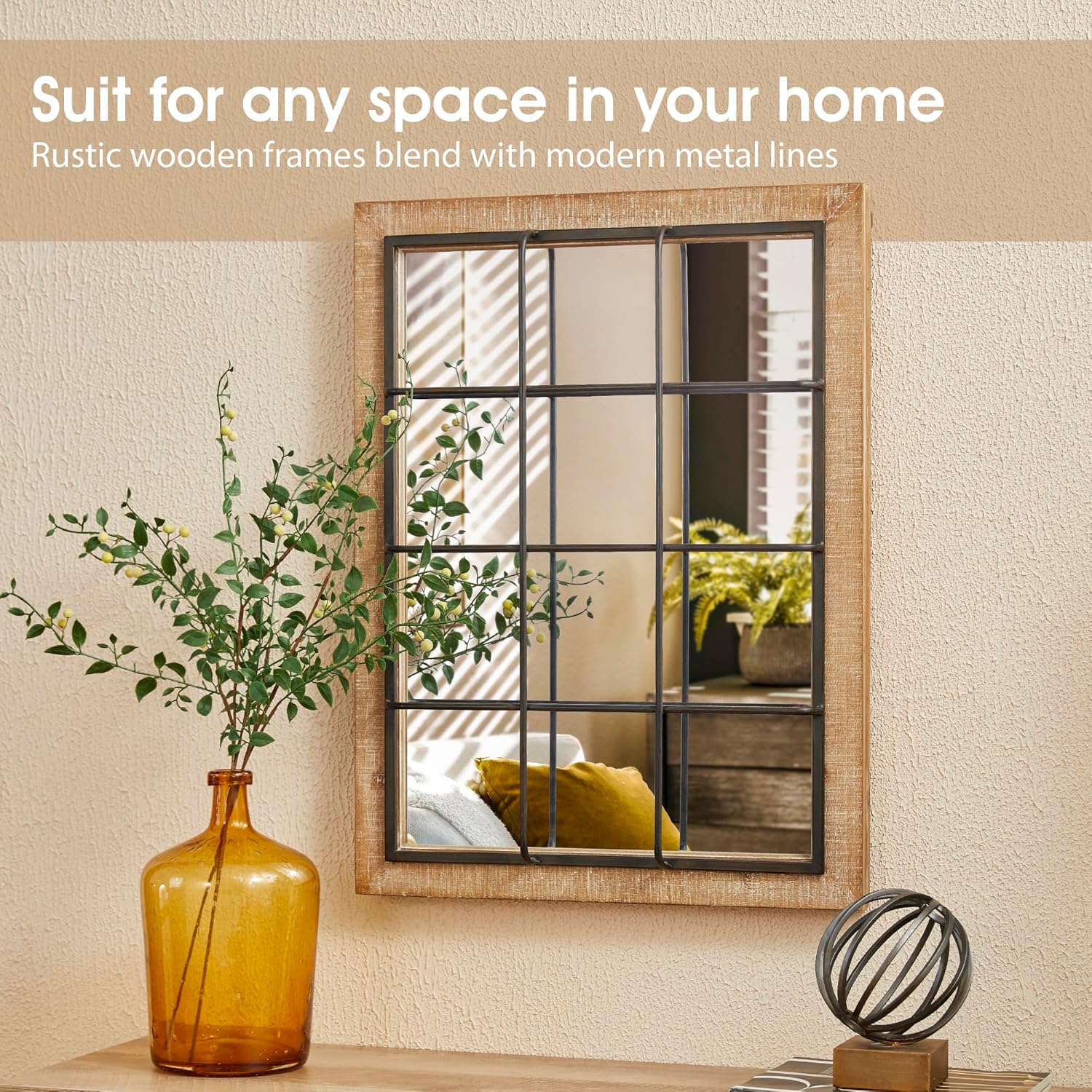 Glitzhome Espejo de pared para ventana, 24 x 32 pulgadas, espejo de pared decorativo de granja, rectangular colgante de madera y marco de metal,