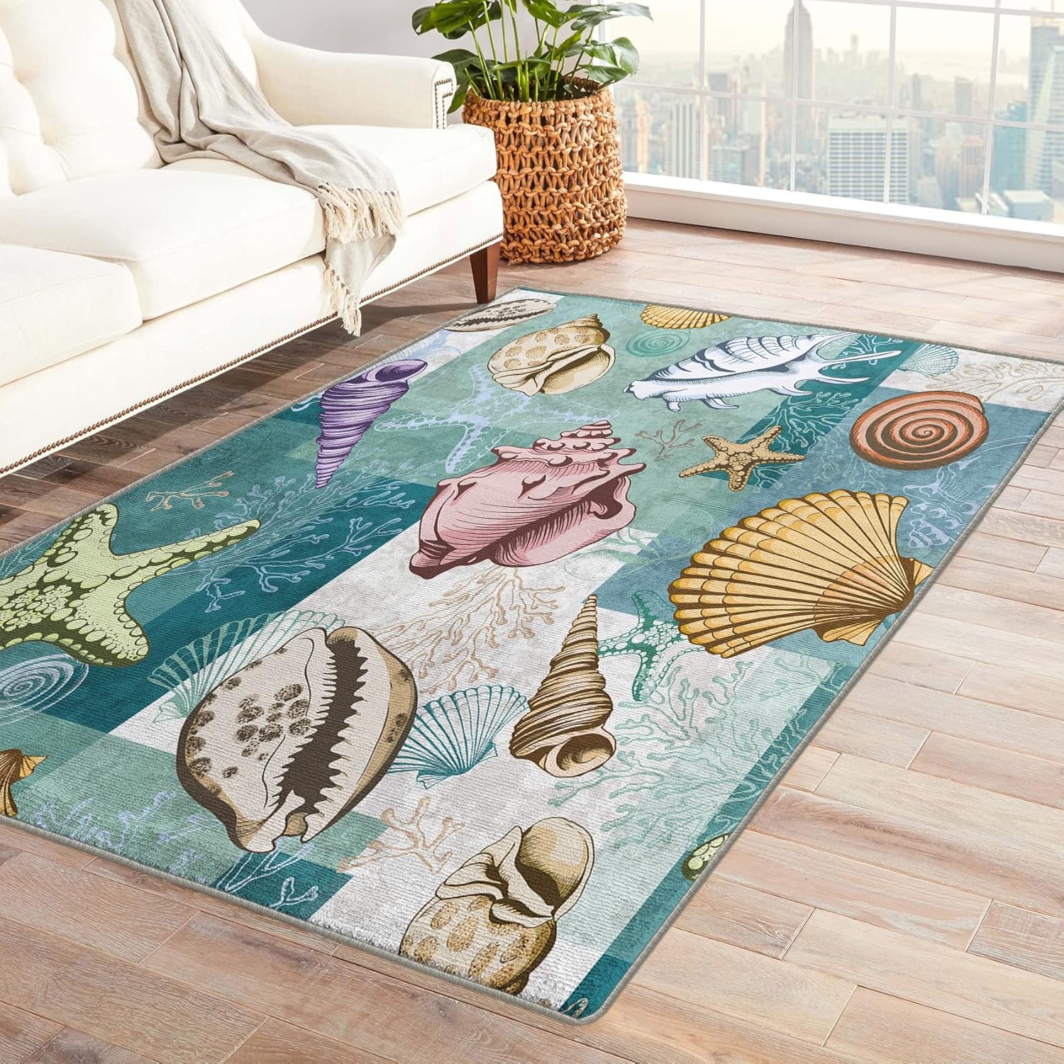Alfombras lavables para entrada, sala de estar, dormitorio, alfombra temática de playa y decoración del hogar, alfombra de área de conchas marinas
