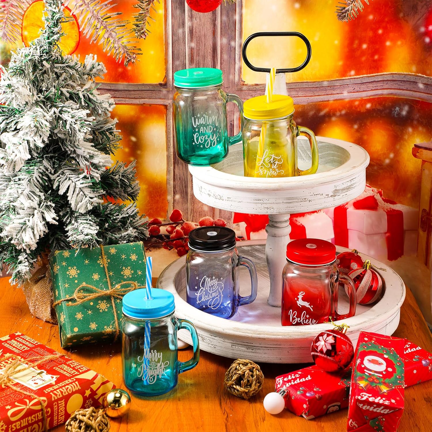 Vaso de Navidad con asa, taza de batido de 16 onzas con tapa y pajita, reutilizable, regalo de Navidad, vaso de boca grande decorativa para el