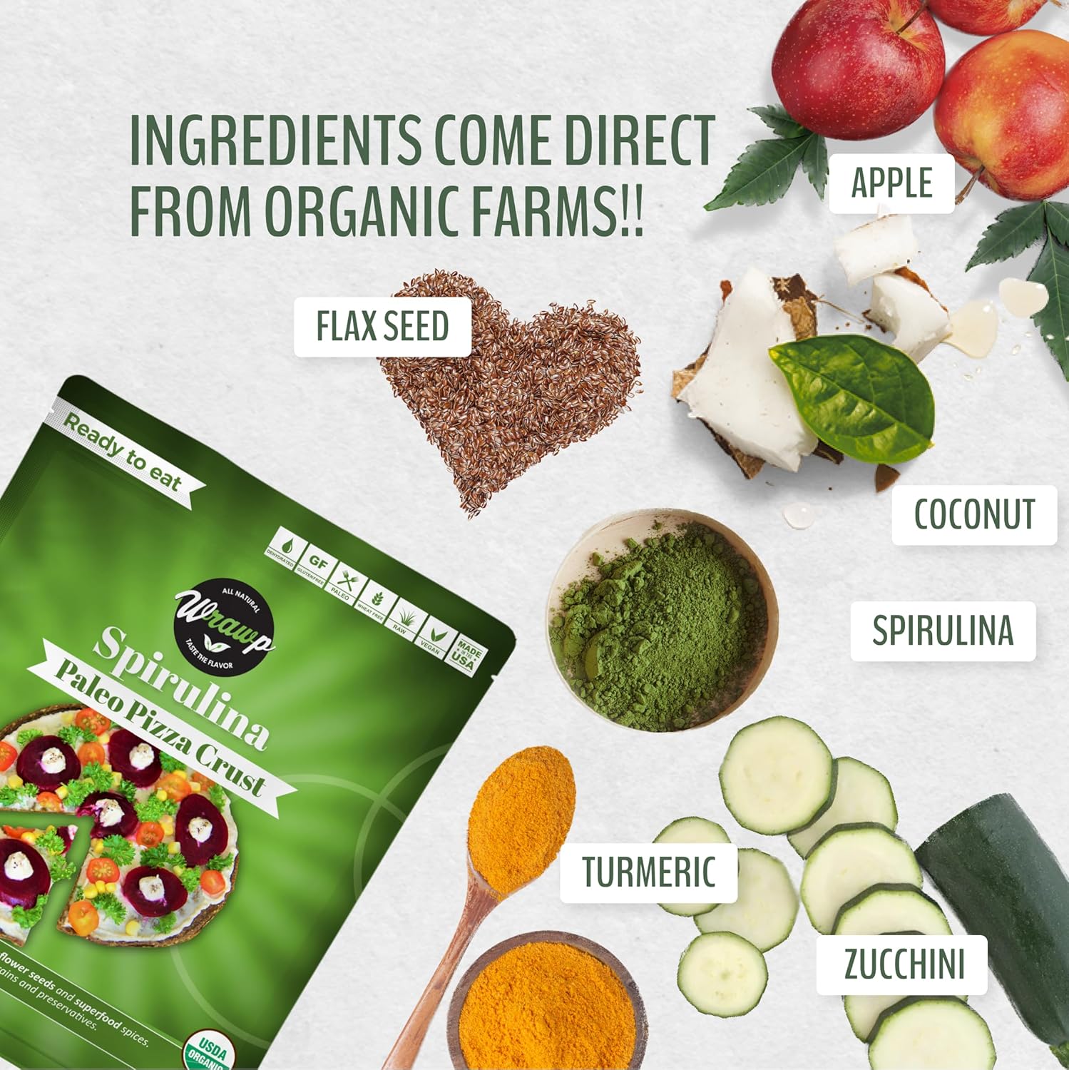 Paleo Pizza Crusts, paquete de 4 cortezas de pizza, espirulina (cruda, vegana, paleo, sin gluten) sin trigo