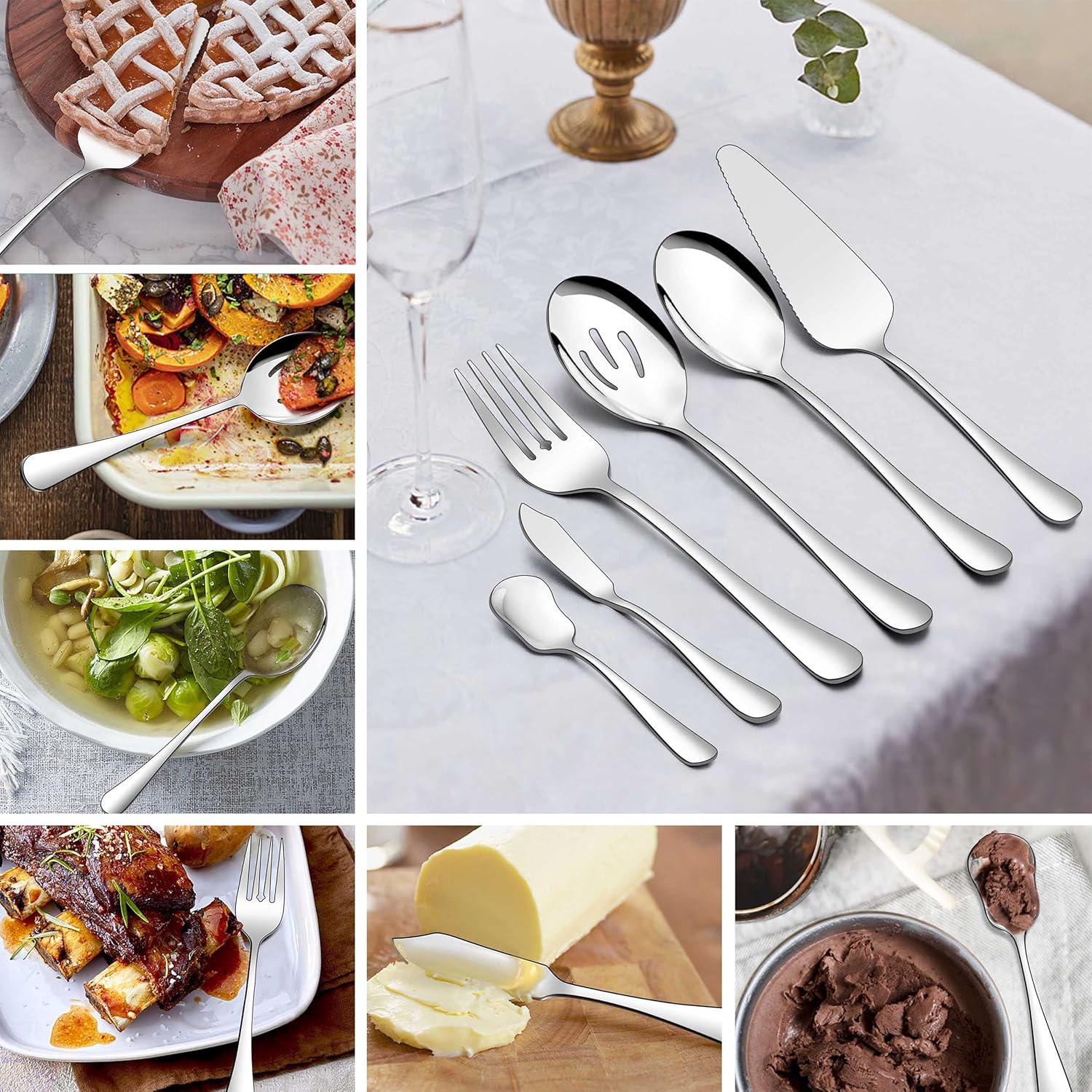 Homikit 6 utensilios de servir, juego de azafata de acero inoxidable, cubiertos de metal con cucharas de servir, tenedor, servidor de pastel,