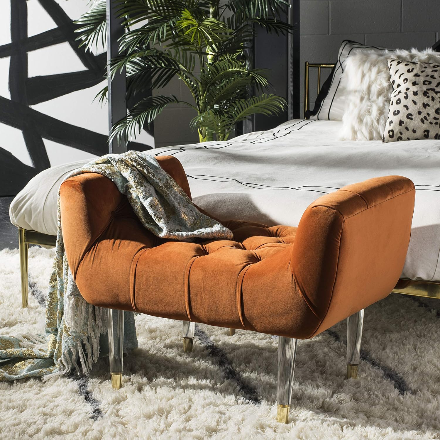 Safavieh Couture Home Eugenie Glam Sienna – Banco acrílico copetudo de terciopelo (22 pulgadas)