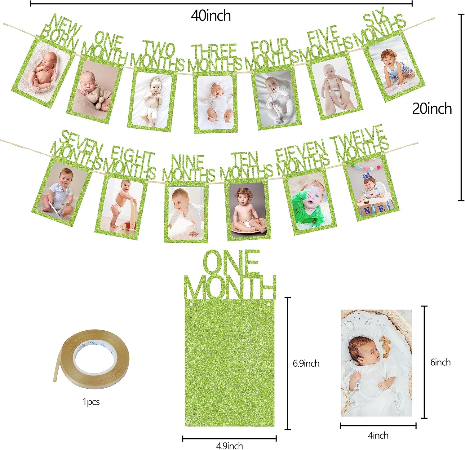 Cartel de fotos de primer cumpleaños para decoración de bebé verde desde recién nacido hasta 12 meses niño niña salvaje
