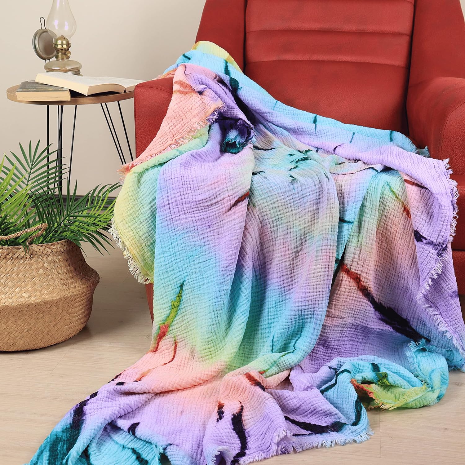Püskül – Manta de muselina de algodón turco orgánico ultra suave para ideas de regalo, 1 paquete (Día colorido teñido anudado, tamaño de manta 53 x
