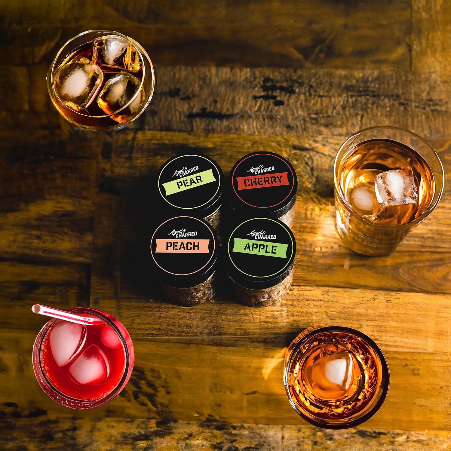 Aged & Charred Fruit Pack – Chips de madera para ahumador de cóctel, paquete de 4 frutas manzana, cereza, melocotón, pera para bebidas, chips de