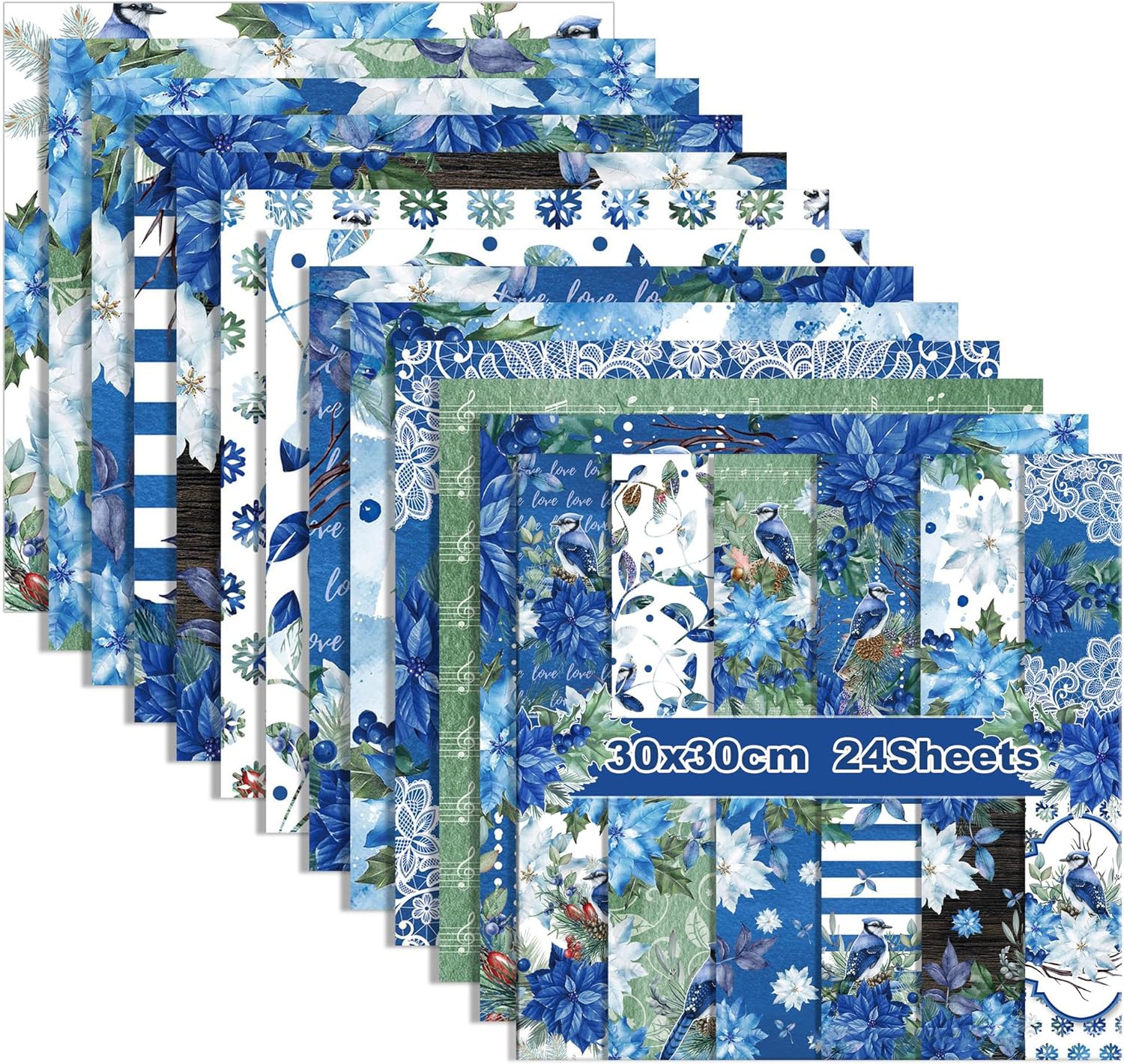 GLKTOPO Papel de recortes de Pascua de Navidad de 12 pulgadas, 24 hojas de Navidad de doble cara azul y rojo con patrón de flores de acuarela para
