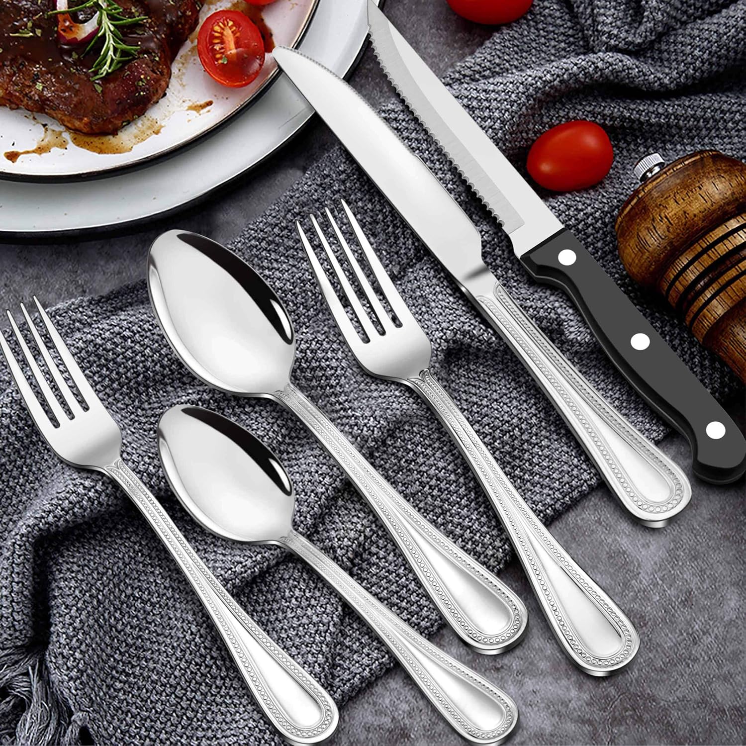 LIANYU Juego de cubiertos de 36 piezas con cuchillos para carne para 6, cubiertos de acero inoxidable para cocina, restaurante, hotel, utensilios de
