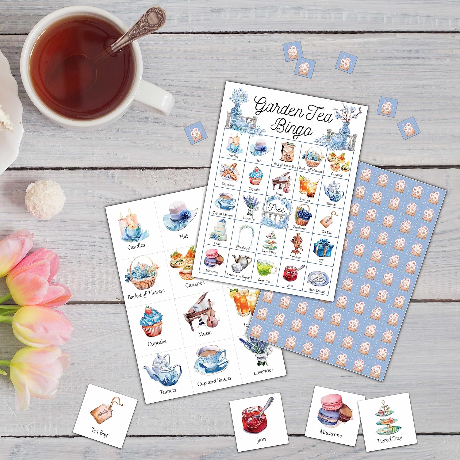 KFNER Juego de bingo de té de jardín, tarjeta de bingo para fiesta de té, juego de bingo para 24 jugadores, actividades en interiores y exteriores,