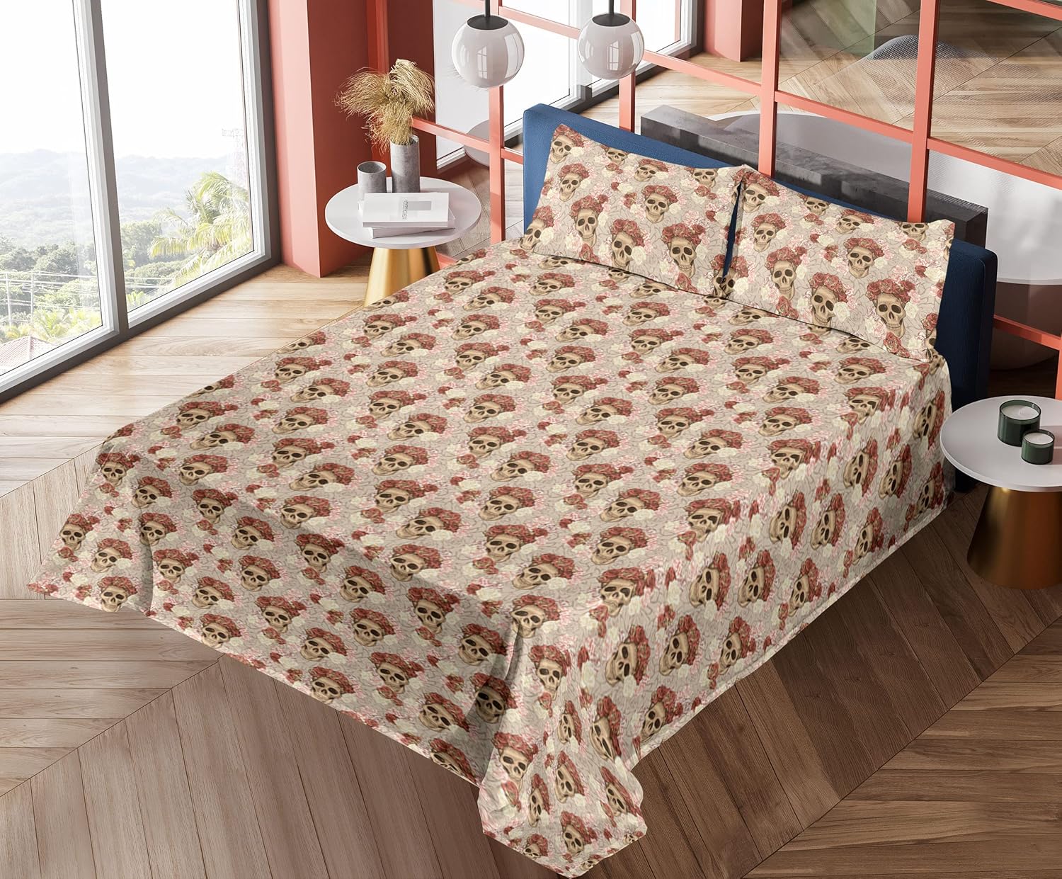 Ambesonne Skull Sheet Set, Goth Roses Floral Skeleton Head Day of The Dead Ethnic Mexican Inspired, Fitted and Flat Sheet with Pillowcases Bedding