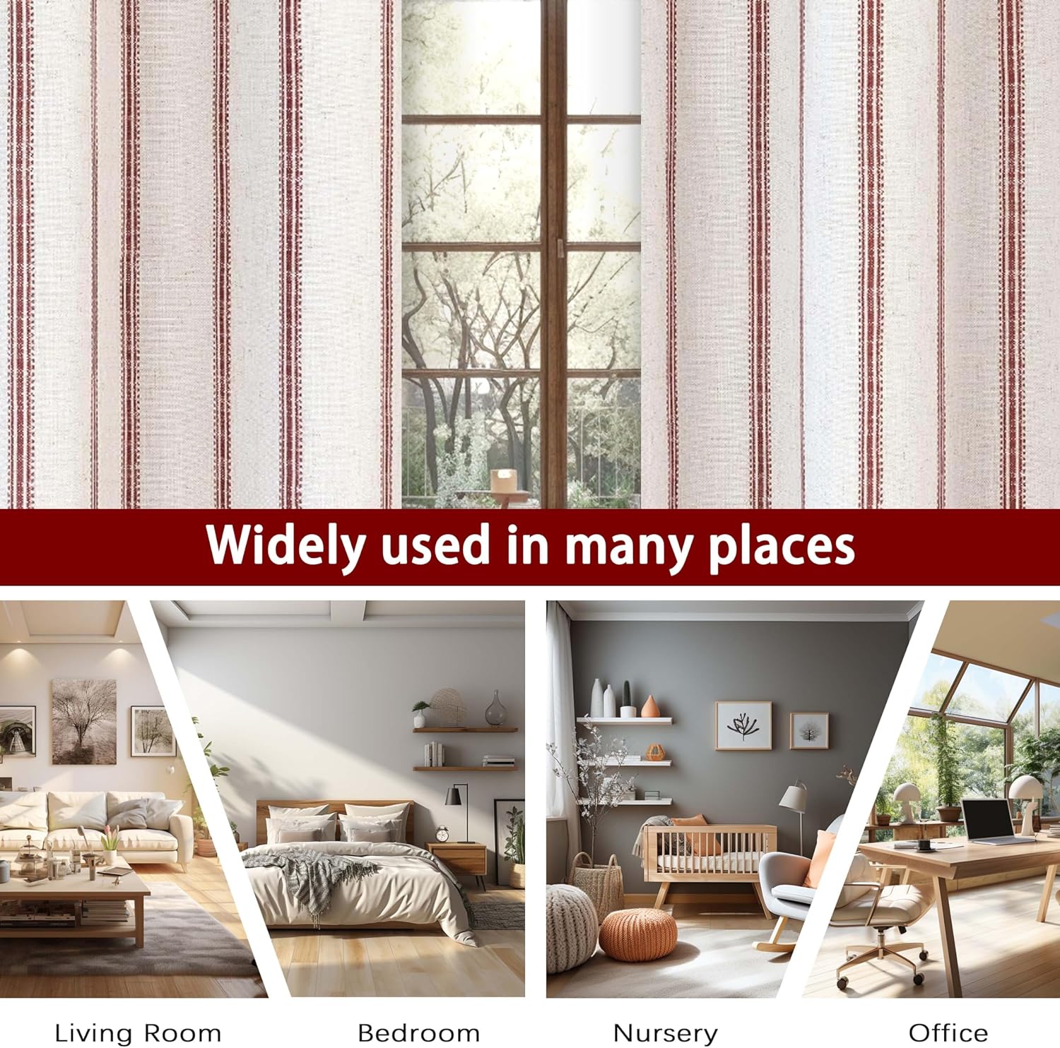 DriftAway Cortinas opacas de mezcla de lino de 90 pulgadas de largo para dormitorio, cortinas de lino con estampado de rayas verticales, con