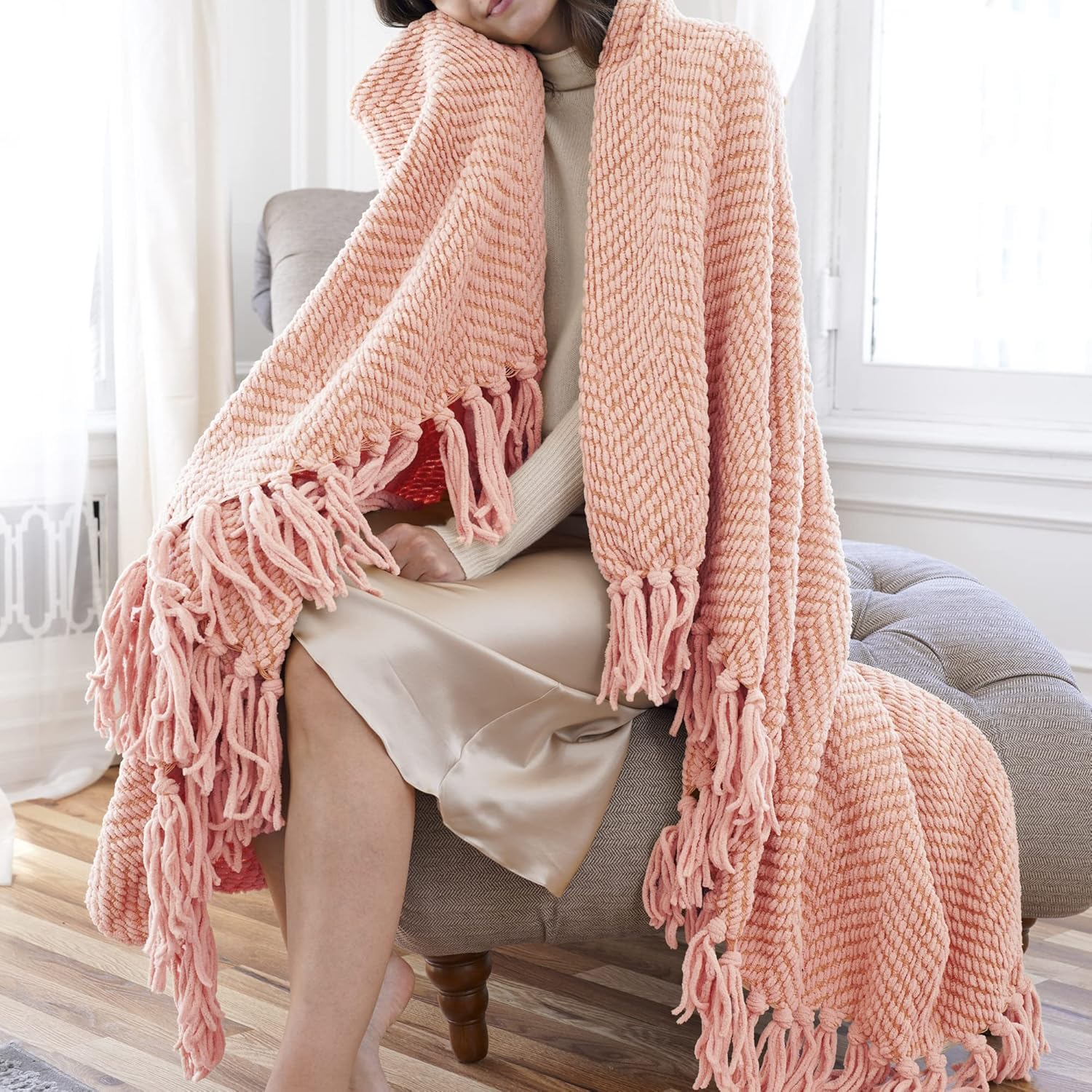 Manta para sofá, funda de sofá suave de punto texturizado, manta de tweed rosa con borlas de flecos para decoración del hogar, cama, sofá, silla, 60
