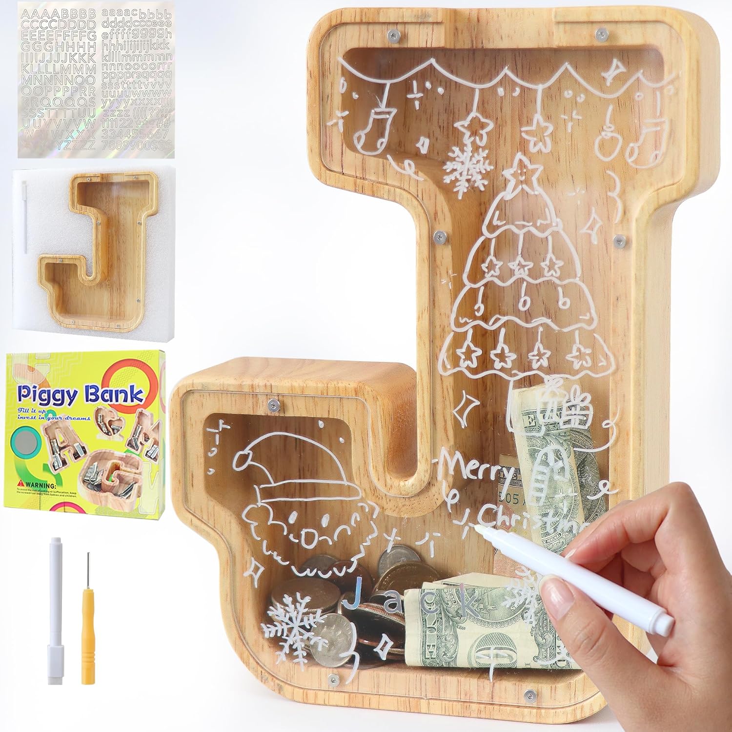 Alcancía de madera grande con letras para niños y niñas, alcancías personalizadas de madera de la A a la Z con área objetivo, billetes del alfabeto