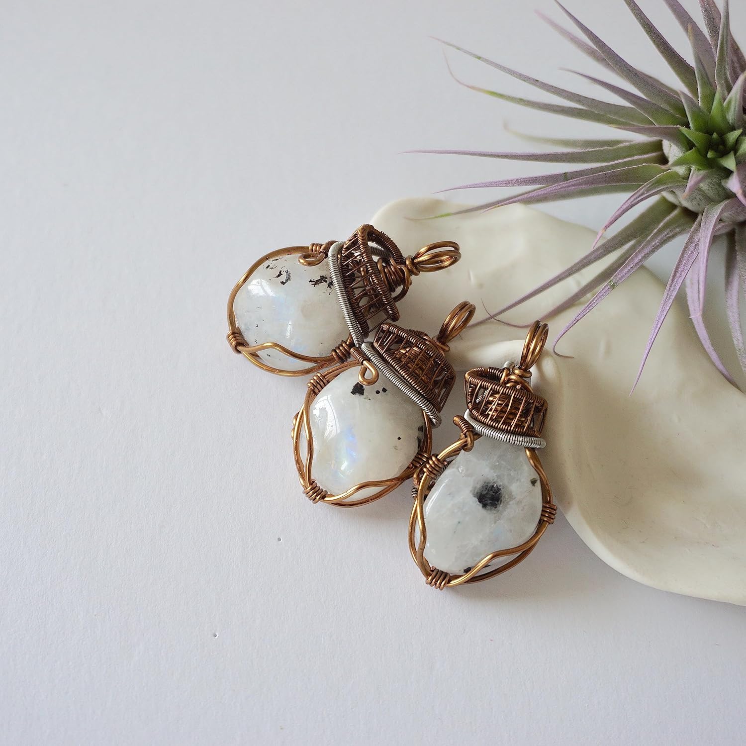 Designs by Nature Gems Handmade Womens Rainbow Moonstone Necklace 24 inch Chain Antique Bronze & White Gold Plated, June Birthstone