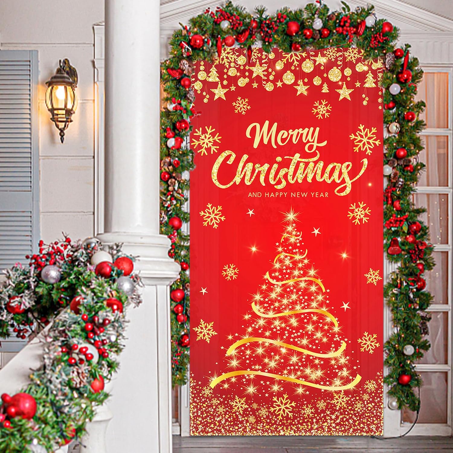 Cubierta de puerta de Navidad dorada para árbol de Navidad, pancarta con purpurina de copo de nieve, cubierta de puerta, fondo de fotografía para