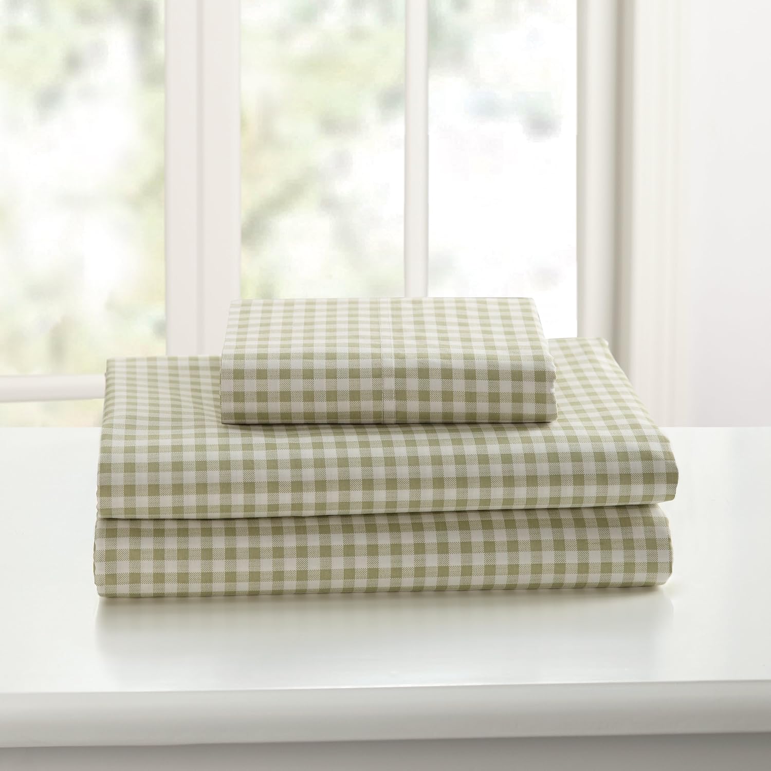 Laurel & Mayfair 250tc Juego de sábanas 100% algodón con estampado de guingán, individual, color verde