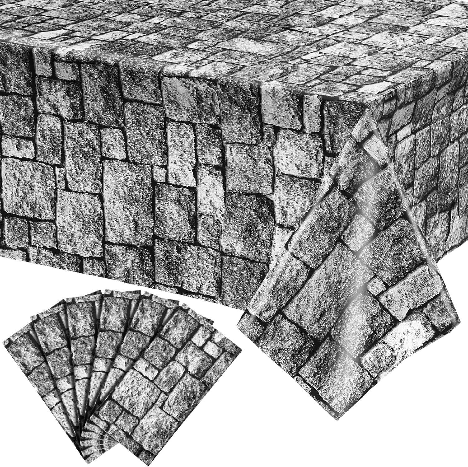 Manteles de pared con temática medieval, suministros desechables de plástico con piedra de ladrillo, fundas de mesa de pared de ladrillo para