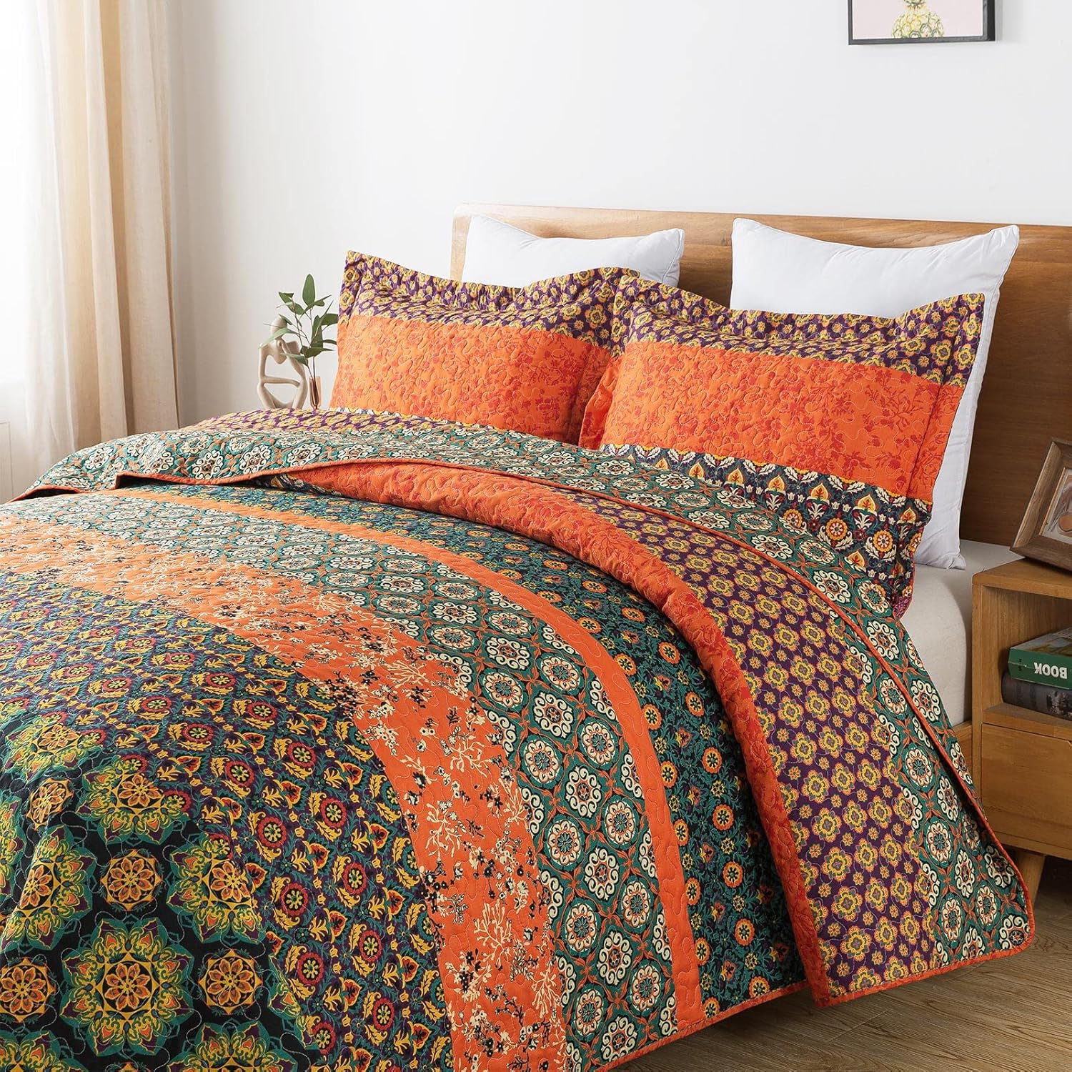 HoneiLife Juego de edredón tamaño Queen  Colcha de microfibra de 3 piezas, colchas ligeras de flores silvestres, funda de cama retro, juego de ropa