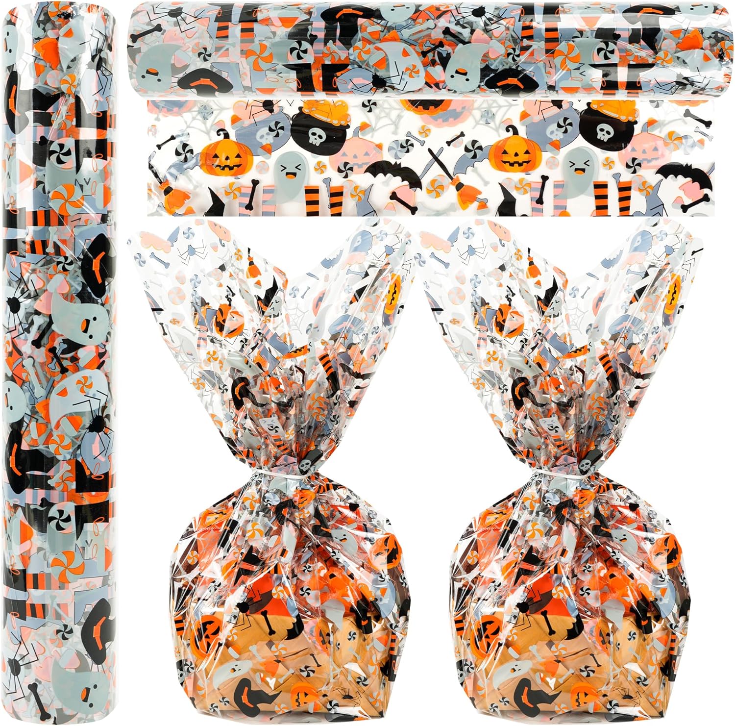 Rollo de celofán de Halloween de 100 pies x 32 pulgadas, 2.3 mil de grosor, bolsas de celofán transparentes con calabaza, fantasma, araña, celofán,