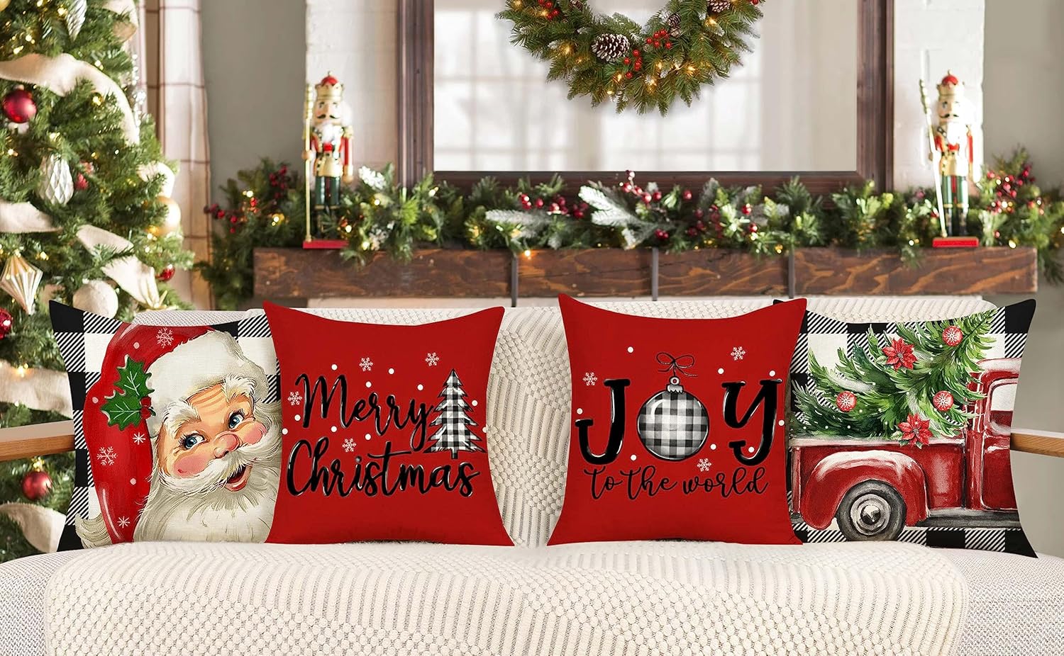 4TH Emotion Juego de 4 fundas de almohada navideñas a cuadros de búfalo de 20 x 20 pulgadas, decoraciones navideñas de granja, árbol de Navidad,