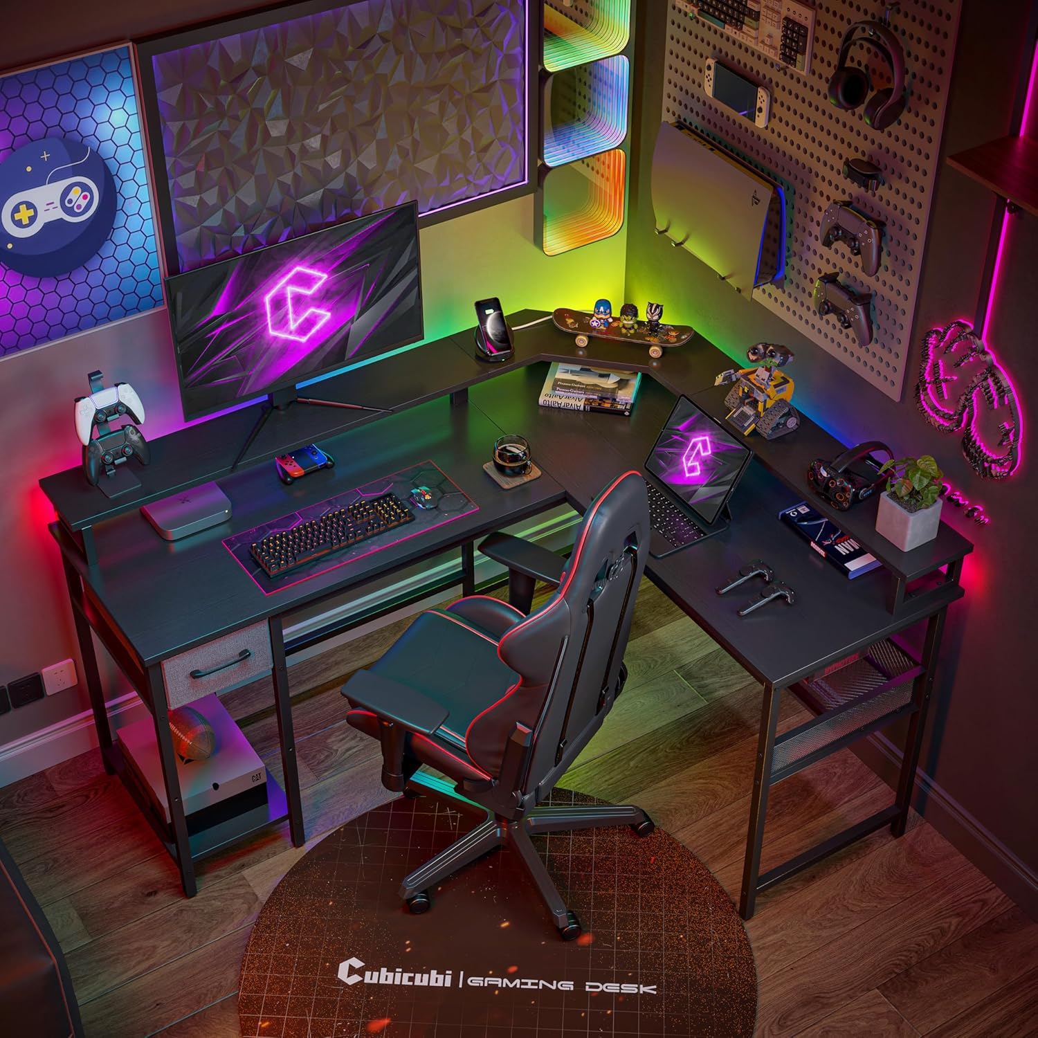 CubiCubi Escritorio para juegos en forma de L con luces LED y tomas de corriente, escritorio esquinero reversible de 58 pulgadas con estantes de