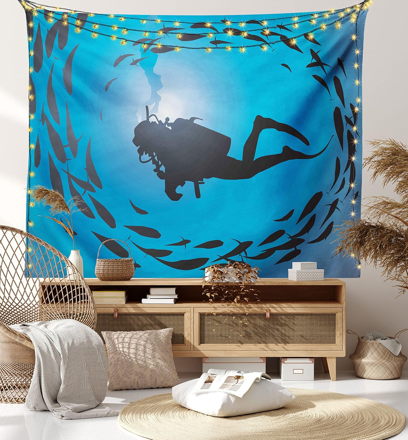 Ambesonne Tapiz bajo el mar, buceador rodeado de jamba de peces, esnórquel acuático Aqualung, colgante de pared ancho para dormitorio, sala de