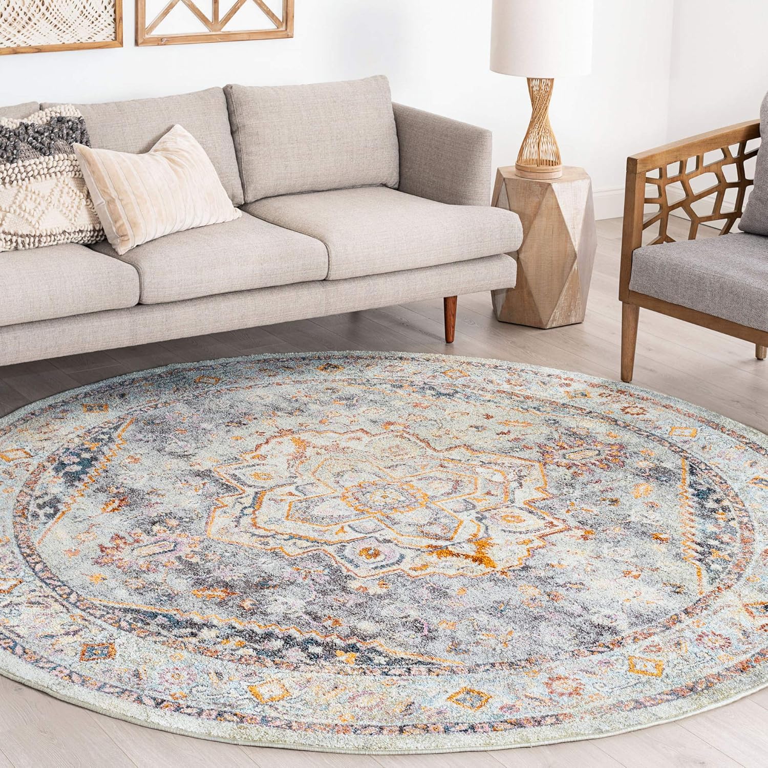 Alfombra redonda de 6 pies  Alfombras tradicionales para sala de estar, comedor, dormitorio, entrada o cocina, Alfombras para salas, gris, redonda
