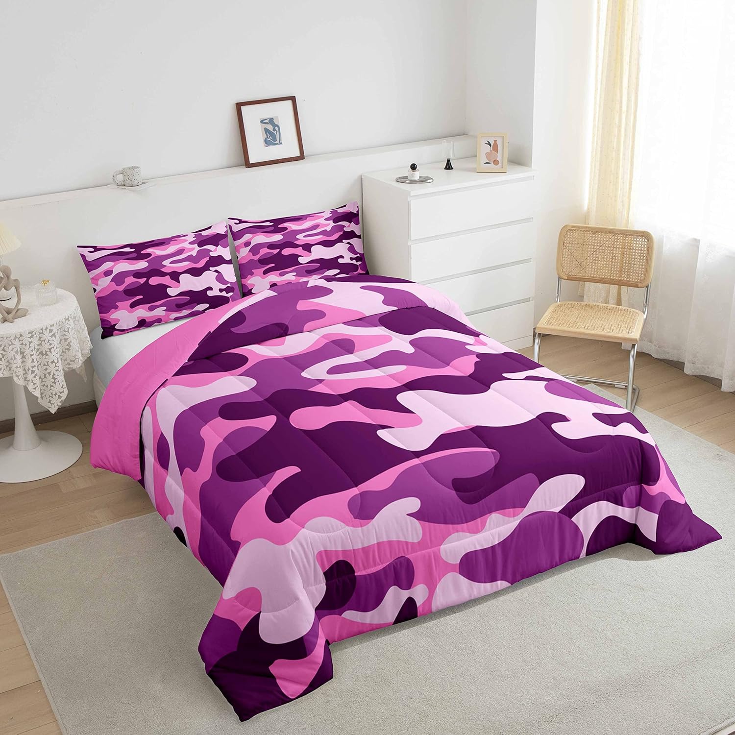 Erosebridal Juego de ropa de cama individual de camuflaje rosa y morado para niños, niñas y adolescentes, juego de edredón de camuflaje militar,