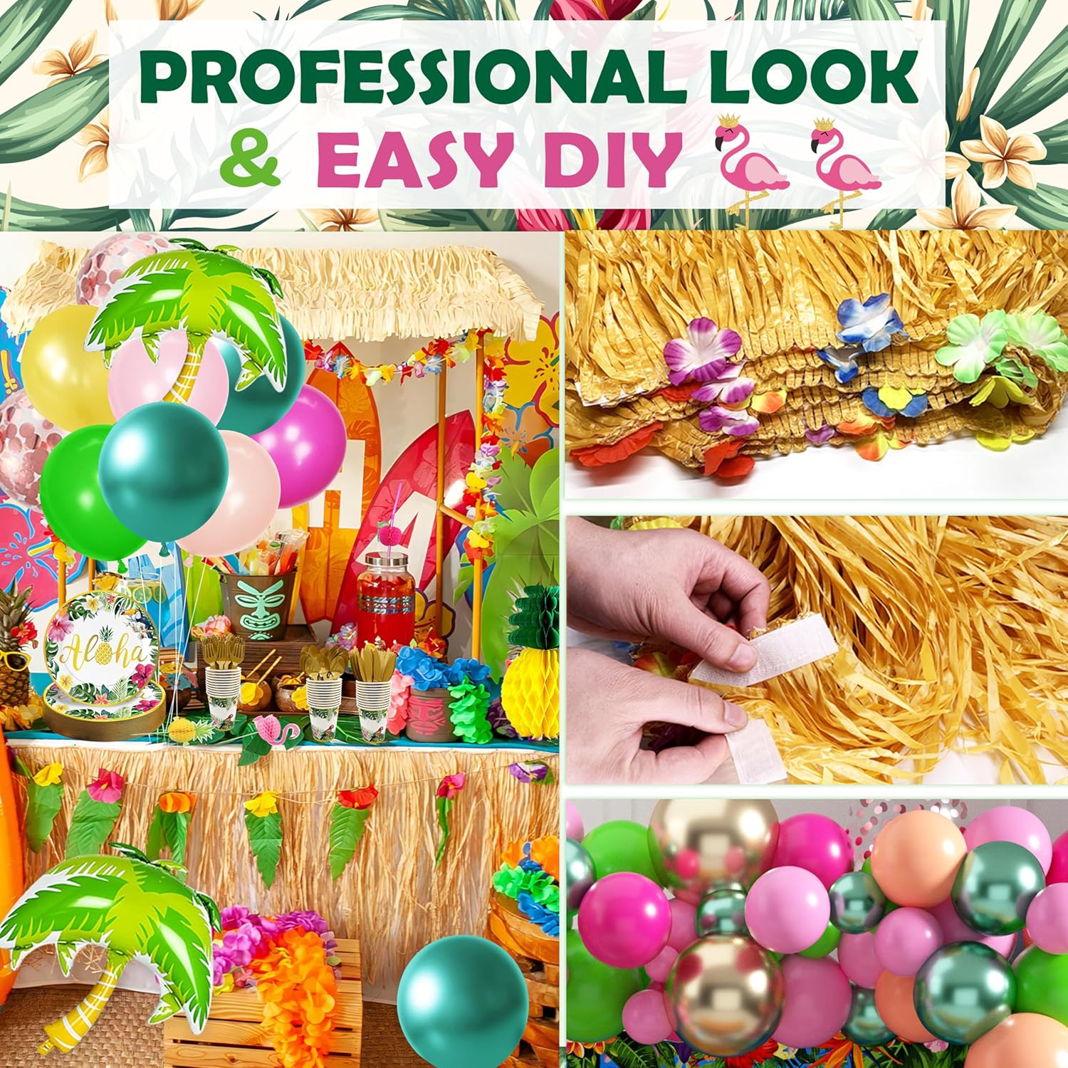 Luau – Decoraciones para fiesta de cumpleaños, 323 piezas, suministros de fiesta hawaiana tropical Aloha para verano, playa, vacaciones, juego de
