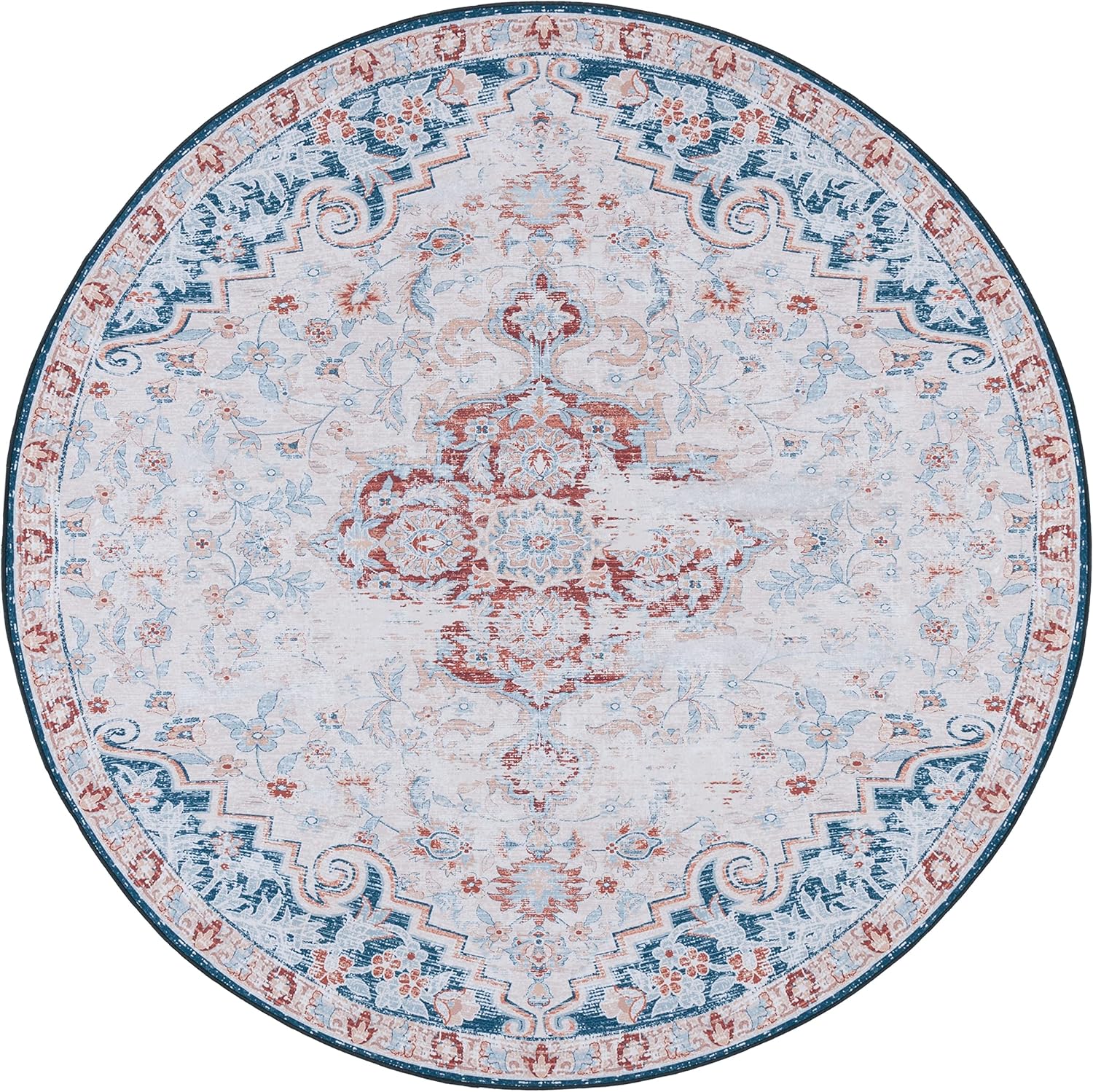 SAFAVIEH Tucson Collection – Tapete redondo de 8 pies, color beige y óxido, diseño de medallón oriental, lavable a máquina, ideal para zonas de alto