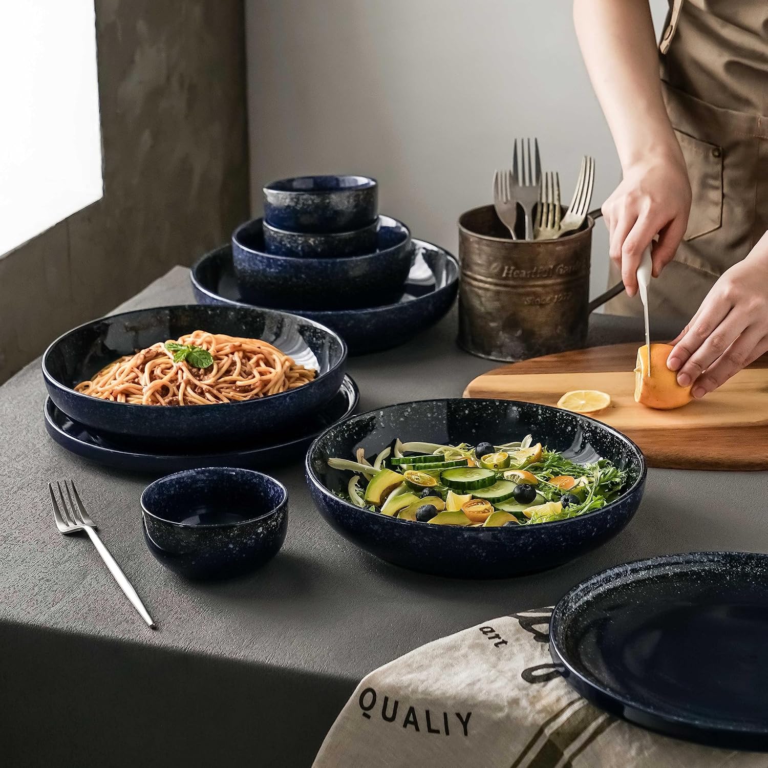 S&Q’S CERAMICS Juego de 4 cuencos grandes para servir ensaladas grandes de 65 onzas, cuencos grandes, platos de cerámica poco profundos de 10