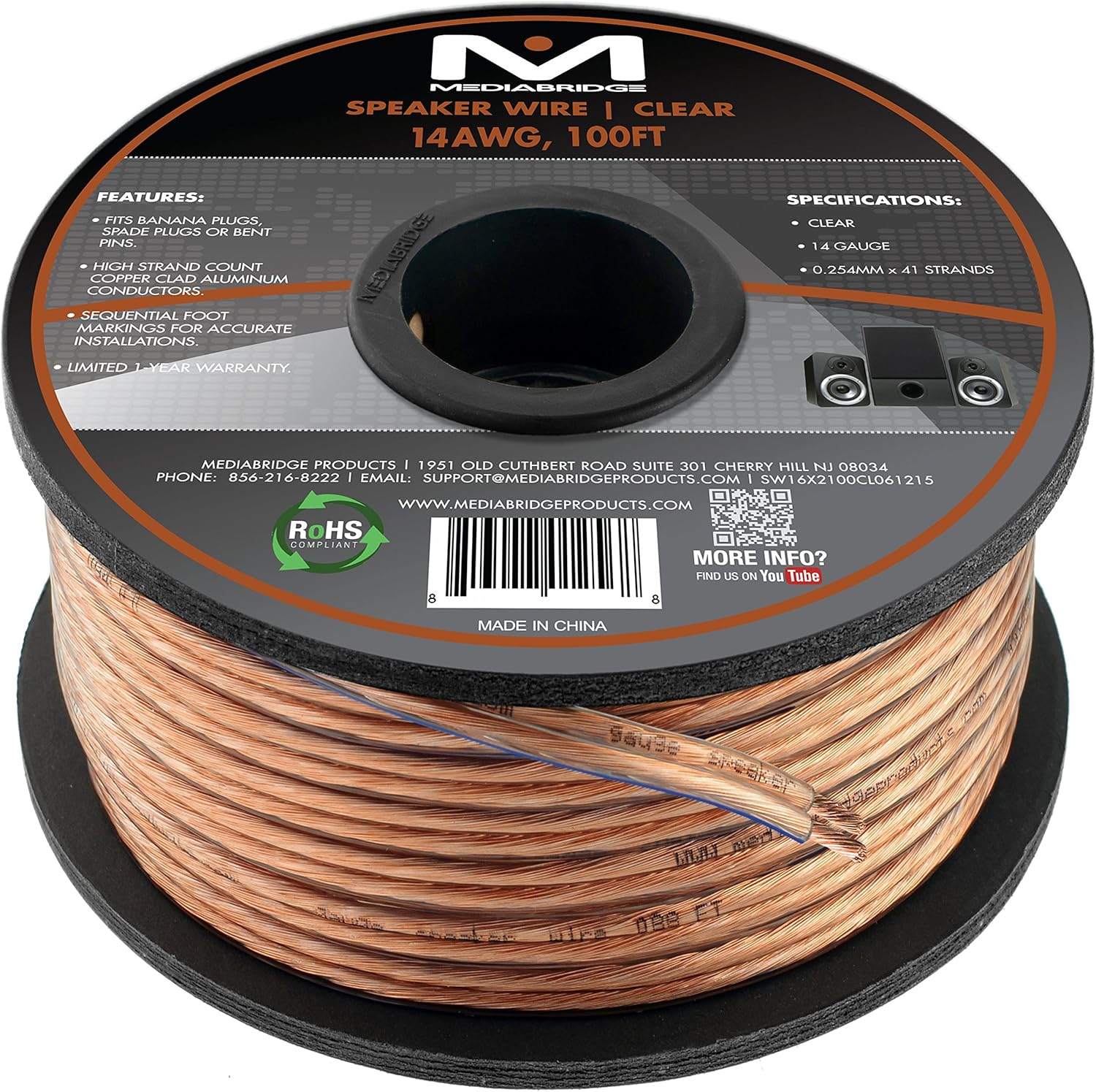 Mediabridge Cable de altavoz de 2 conductores 14AWG (100 pies, transparente) – Diseño enrollado con marcas secuenciales de pie (SW-14X2-100-CL)