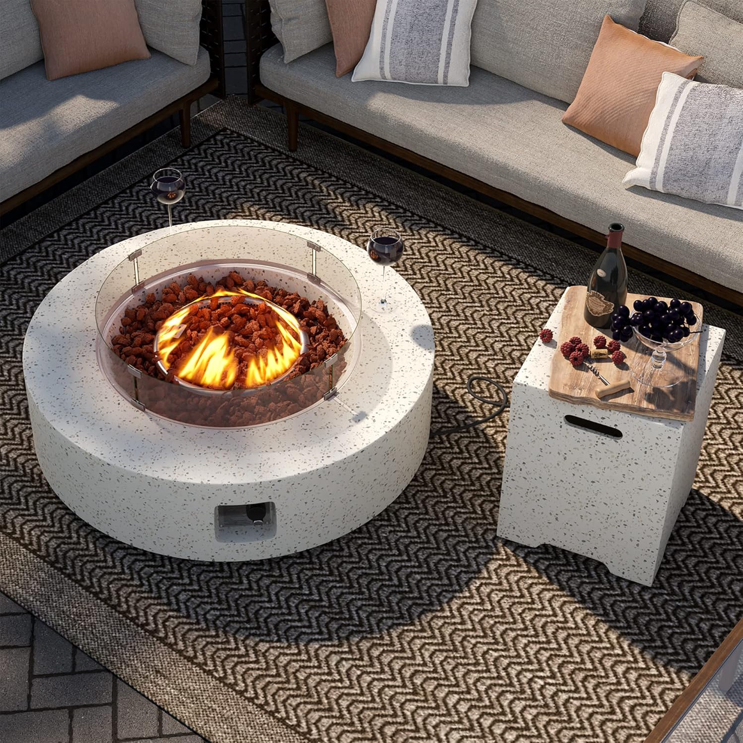 SUNBURY Mesa de fuego de propano para exteriores de 41 pulgadas, 50,000 BTU manchada blanca para patio con protector de viento de vidrio, mesa de