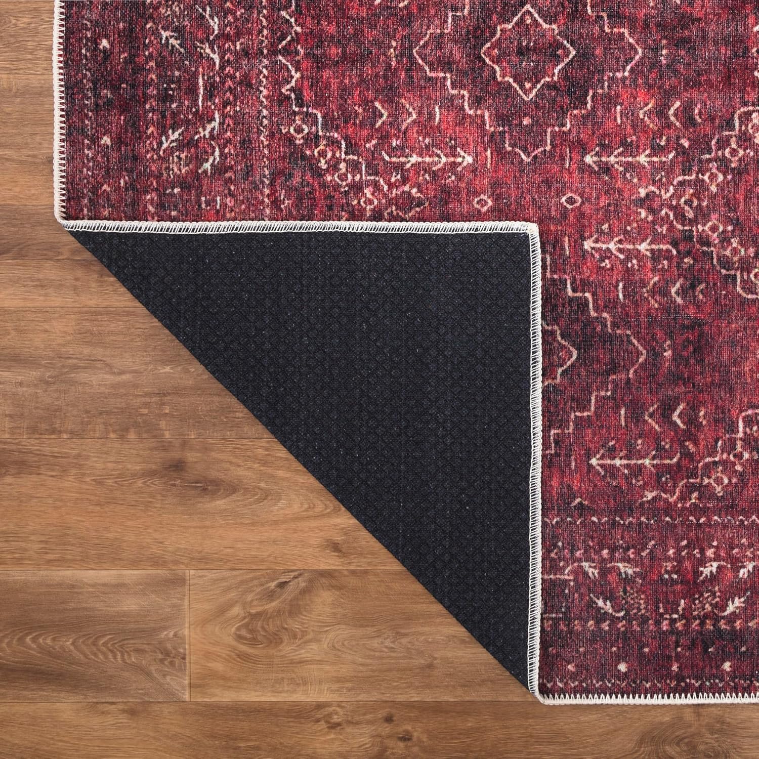 Bloom Rugs Alfombra de pasillo lavable antideslizante de 10 pies  Rojo oscuro con borde tradicional para entrada, pasillo, baño y cocina  Tamaño