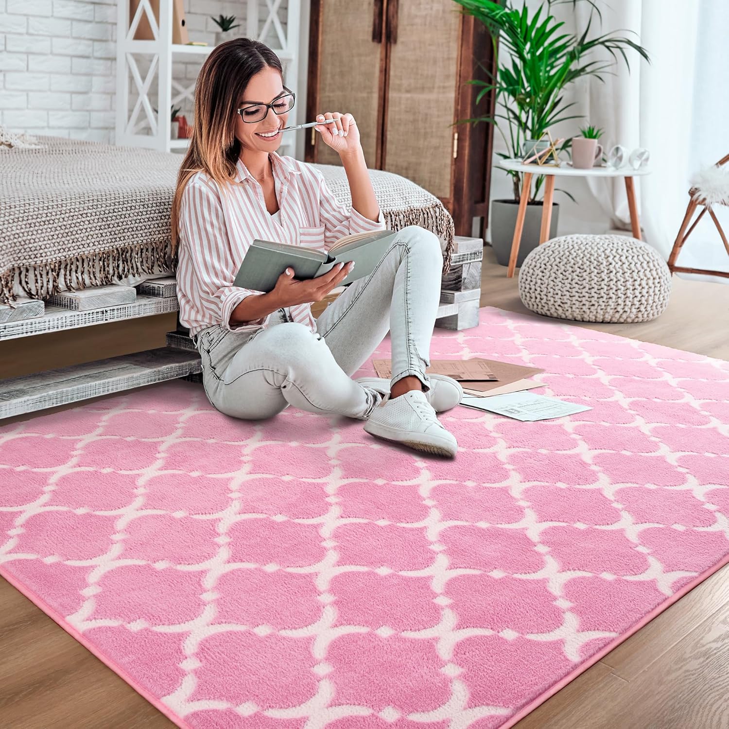 YJ.GWL Alfombra geométrica suave para dormitorio de niñas, 4 x 6 pies, acogedora y moderna, alfombra de espuma viscoelástica para interiores,