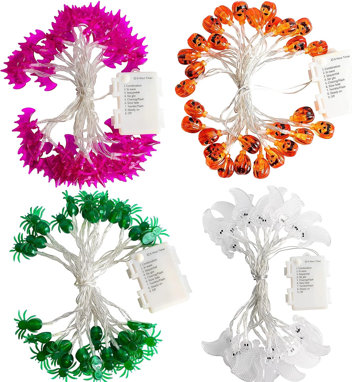 JOYIN Decoraciones de luces de Halloween, juego de 4 tiras de luces a pilas (calabaza murciélago fantasma araña) con temporizador, 4 x 15 pies, 8