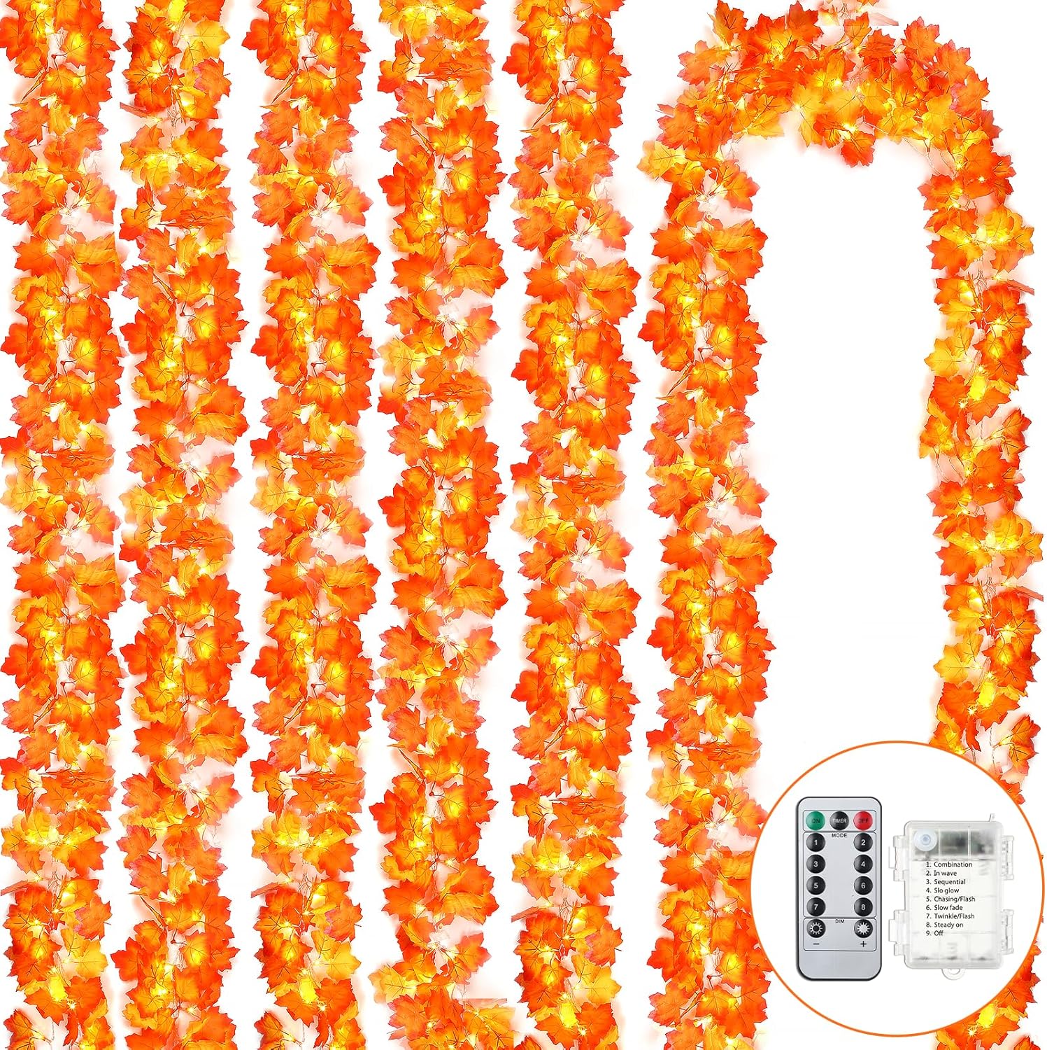 Decoraciones de Halloween, decoración de otoño, tira de luces de hoja de arce con temporizador y control remoto, 20 pies, 60 LED, funciona con