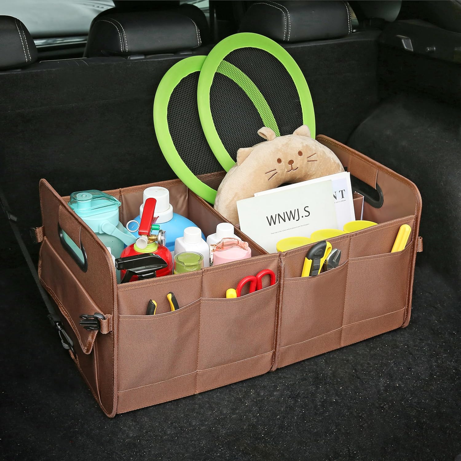 AOKJOY Organizador de maletero de coche, marrón, plegable, antideslizante, ajustable, múltiples compartimentos, material de tela Oxford 600D