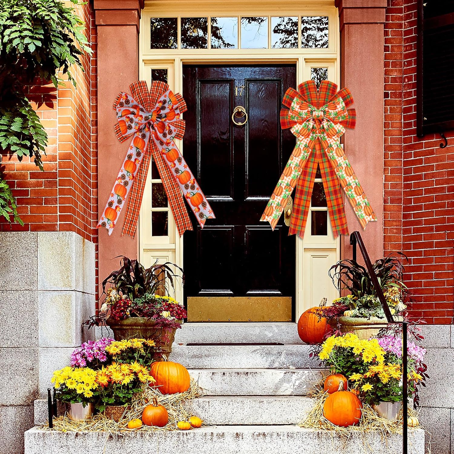 Arcos de corona de otoño de 11.8 x 19.7 pulgadas, lazos grandes de calabaza a cuadros, decoración de doble capa para árbol de Acción de Gracias,