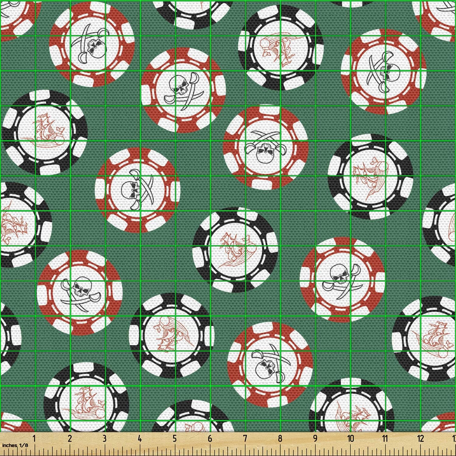 Ambesonne Tela de casino por The Yard, tarjetas de póquer piratas dinero huesos diagonales cráneo riesgo arte decorativo para tapicería y detalles