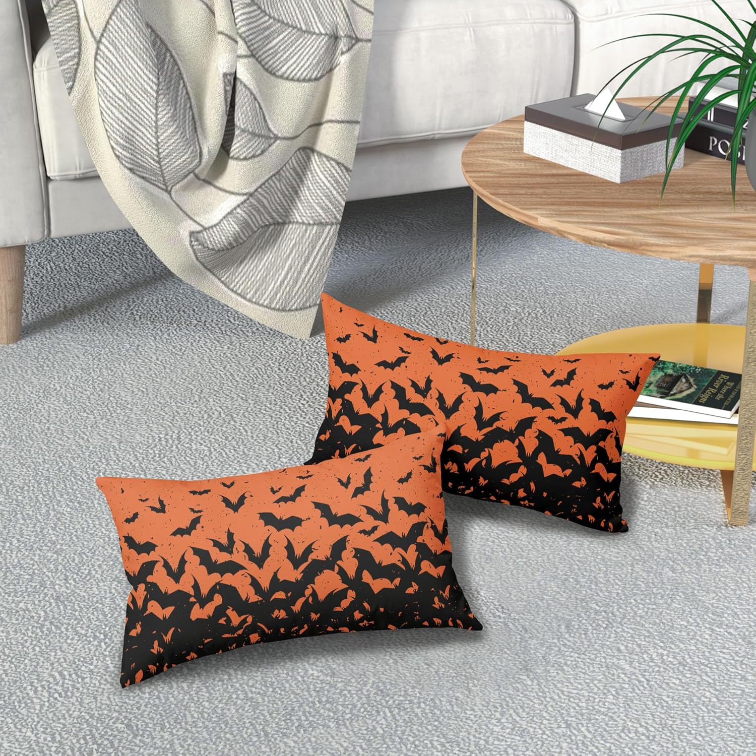 Kawani Juego de 2 fundas de almohada lumbar de murciélagos de 12 x 20 pulgadas, fundas de almohada rectangulares decorativas de murciélagos negros y