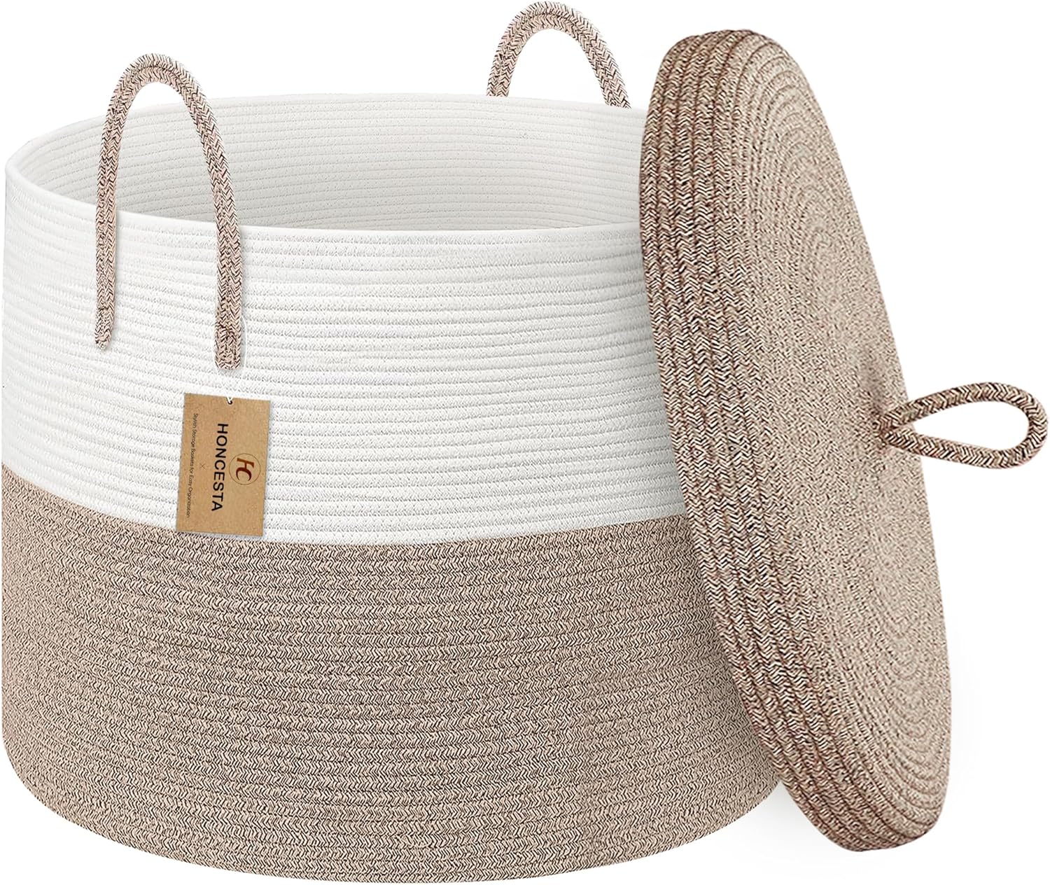 Cesta de almacenamiento grande de 20 x 15 pulgadas con tapa, cesta de manta para sala de estar, cestas de cuerda de algodón tejida para