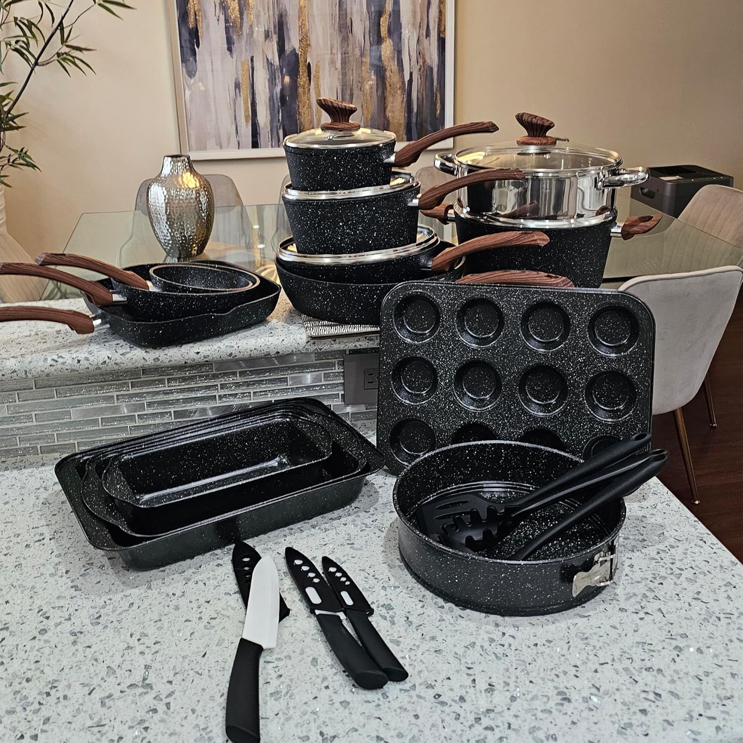 MAISON ARTS Juego de ollas y sartenes de 30 piezas, juegos de utensilios de cocina con revestimiento de piedra de granito antiadherente, adecuado